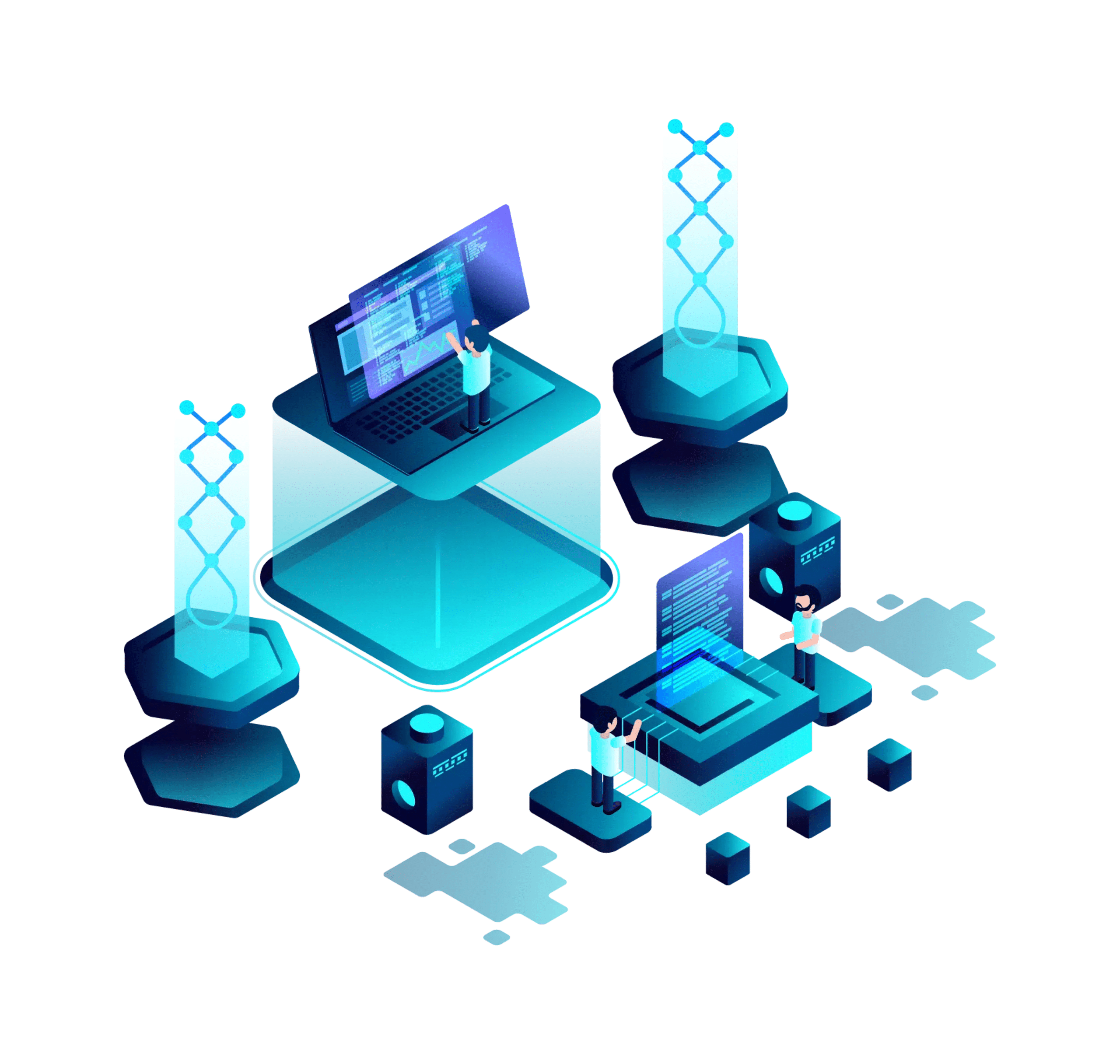 Isometric illustration of an IoT system with connected devices, cloud servers, data nodes, and digital screens representing smart connectivity and remote monitoring.